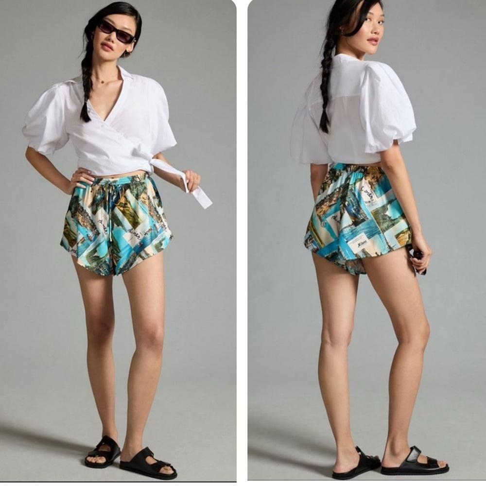 Anthropologie Tropical Print High-Waist Shorts — Teal, Blue, Green